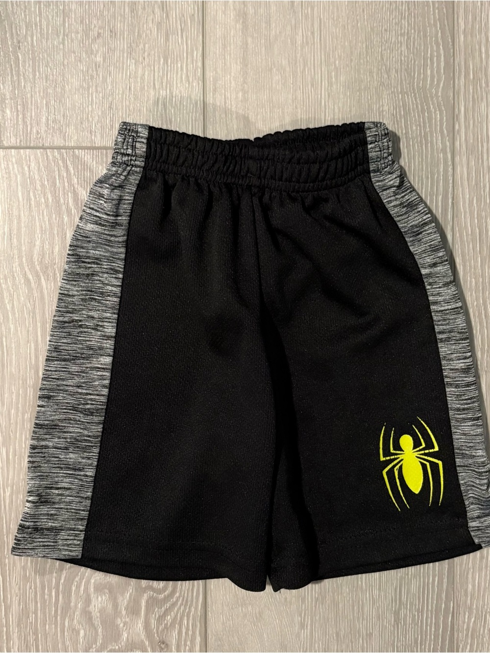 Kids Black Athletic Shorts with Yellow Spider Graphic. Boys 2T